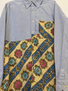 Custom Patchwork Button Down Shirt XL Upcycled Reworked Unique Uniqlo Base
